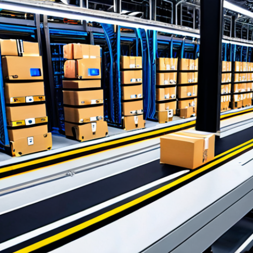 Home 4 A highly automated smart warehouse interior, bustling with activity. Autonomous Mobile Robots (AMRs) and Automated Guided Vehicles (AGVs) efficiently transport numerous packages on a complex network of multi-level conveyor belts. Overhead, glowing AI interface projections display real-time inventory data and optimized workflows. The scene emphasizes precision, speed, and futuristic logistics, set in a vast, clean, and well-lit industrial environment. Photorealistic, high detail, wide-angle shot, cinematic lighting, 8k.