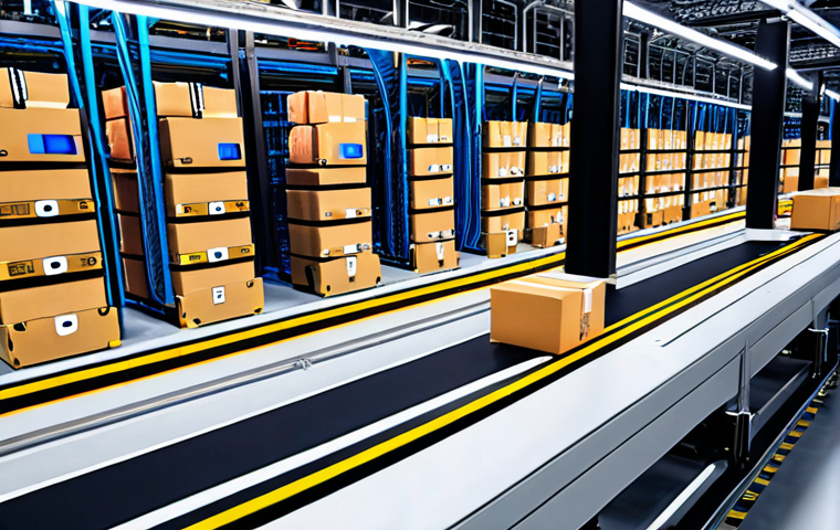 A highly automated smart warehouse interior, bustling with activity. Autonomous Mobile Robots (AMRs) and Automated Guided Vehicles (AGVs) efficiently transport numerous packages on a complex network of multi-level conveyor belts. Overhead, glowing AI interface projections display real-time inventory data and optimized workflows. The scene emphasizes precision, speed, and futuristic logistics, set in a vast, clean, and well-lit industrial environment. Photorealistic, high detail, wide-angle shot, cinematic lighting, 8k.